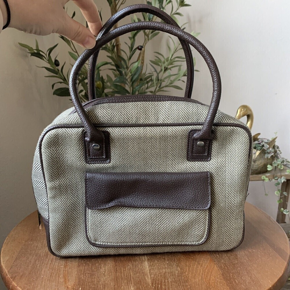 Bath and Body Works Brown Tweed  Herringbone Carry On weekend travel bag Tote